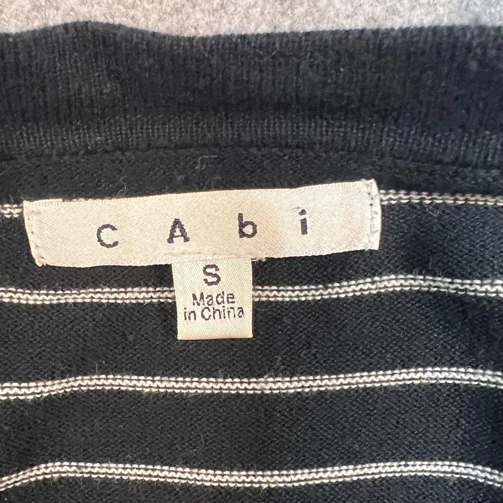 CAbi Flirt Striped Ruffle Cardigan Sweater Womens Small Black Cream 3/4 Sleeve